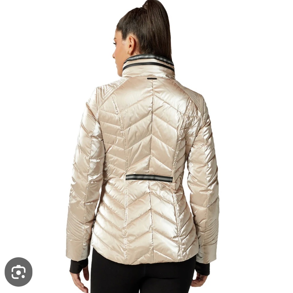 Blanc Noir Cream Puffer Jacket with Chevron Quilting and Fitted Style- XS